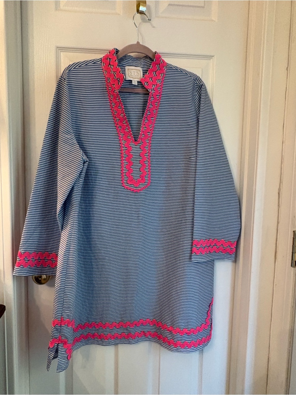 Sail to Sable Navy & Hot Pink Striped Tunic Dress with Embroidered Trim